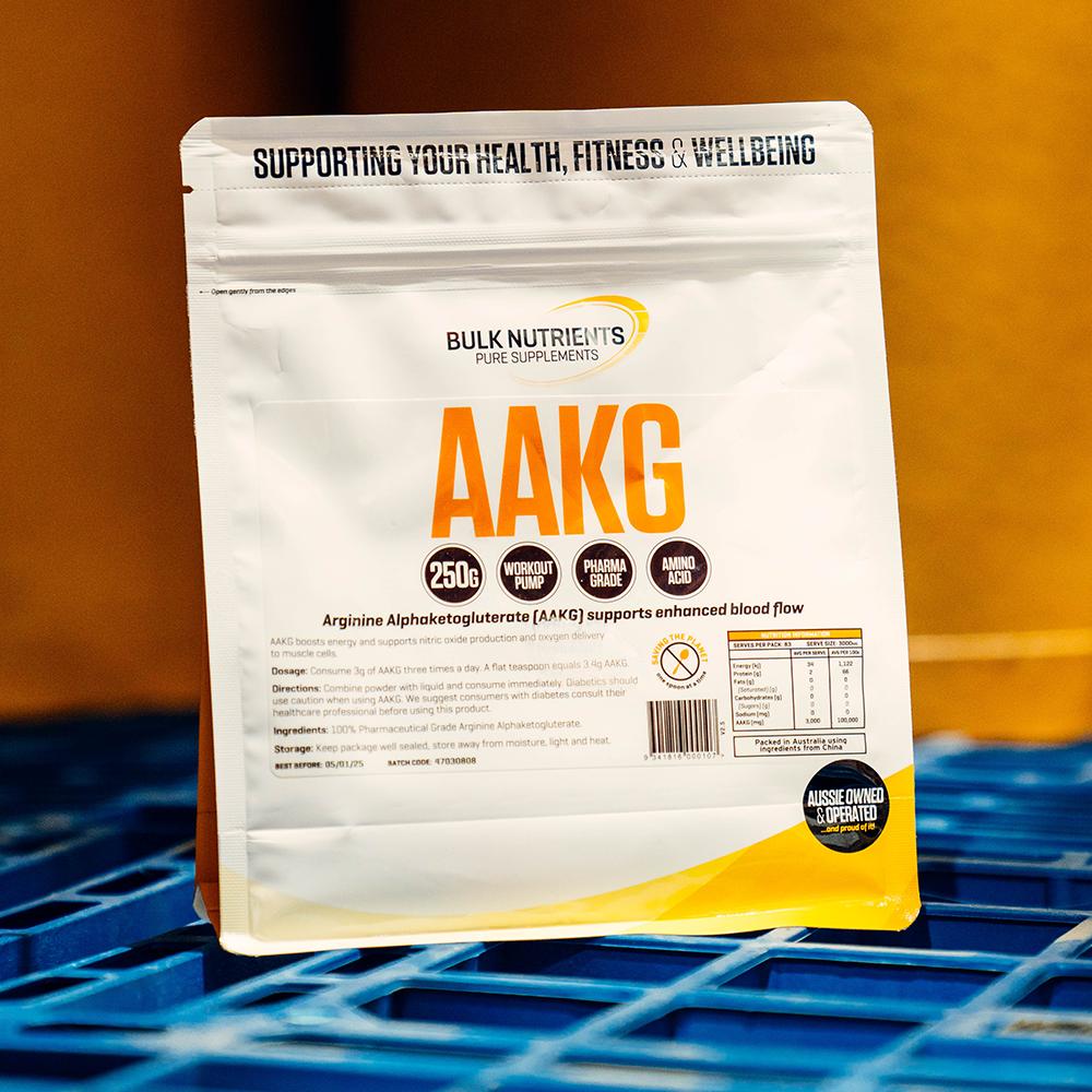 Bulk Nutrients' Arginine Alphaketogluterate (AAKG) powder is 100% pharmaceutical grade helping create a pump effect in the gym