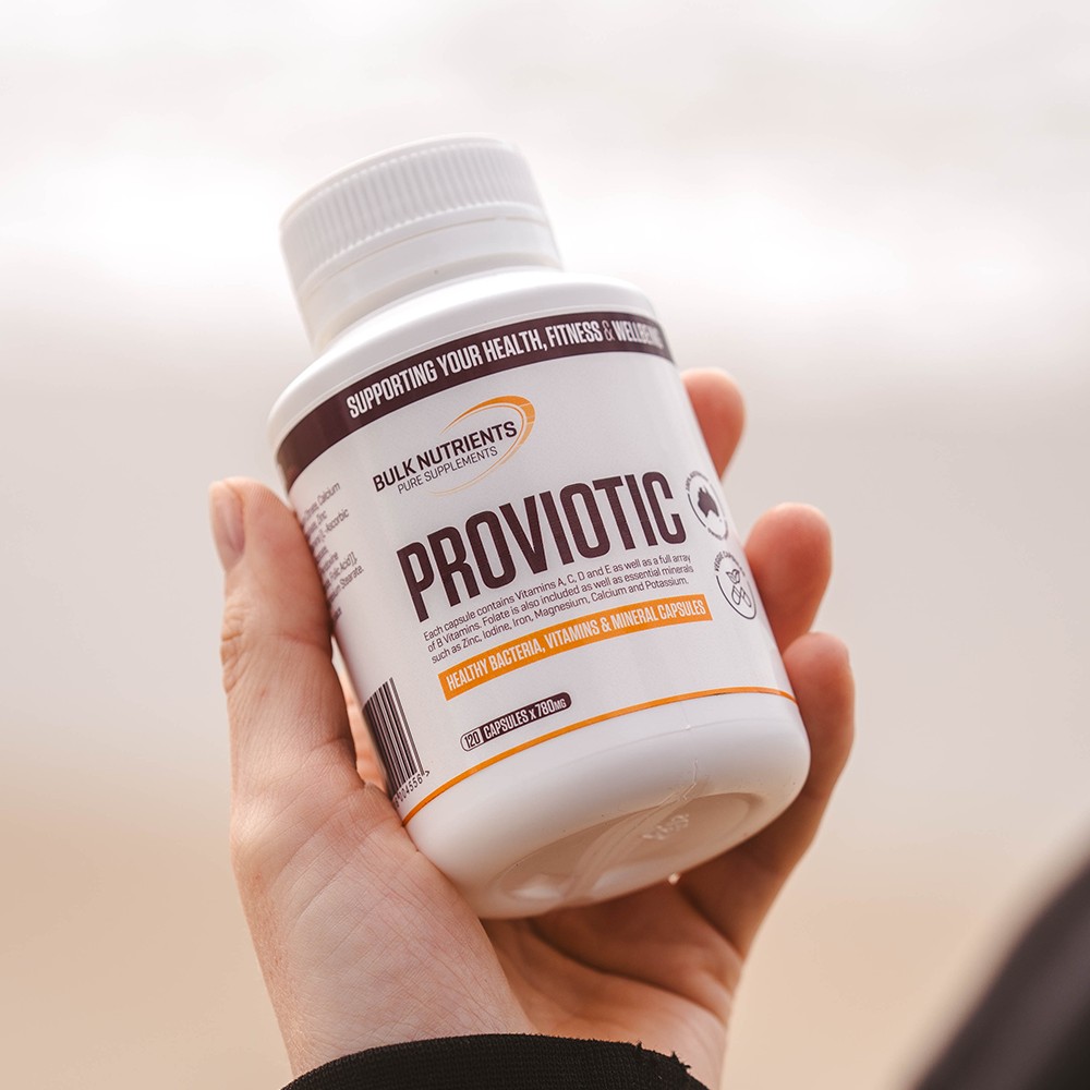 Get 25% RDI of vitamins/minerals & 5 billion cfu per dose with Bulk Nutrients' Proviotic Capsules for optimal health.