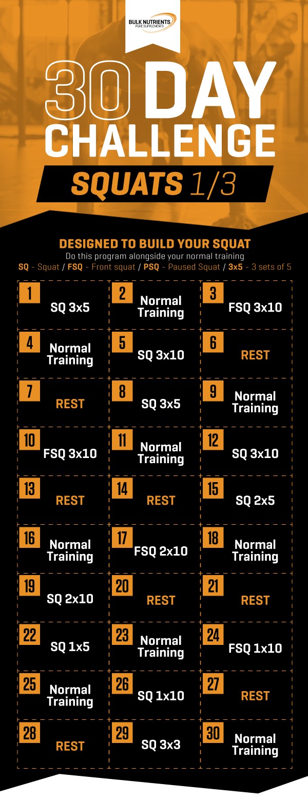 Bulk Nutrients 30 day squats challenge workout sheet part 1/3