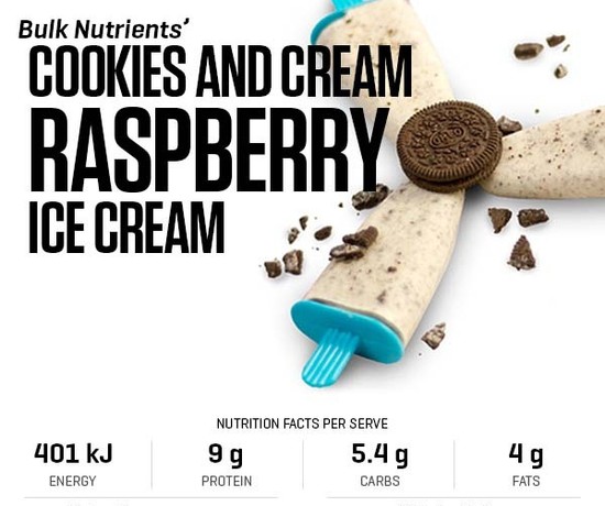 Cookies and Cream Raspberry Ice Creams recipe from Bulk Nutrients