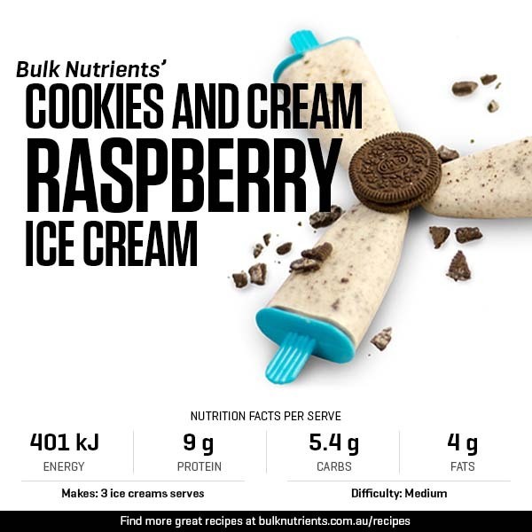 Cookies and Cream Raspberry Ice Creams recipe from Bulk Nutrients