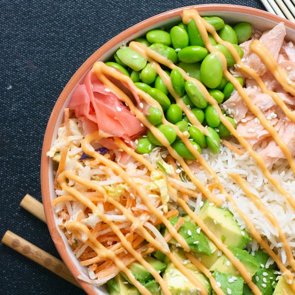 High Protein Smoked Salmon and Edamame Poke Bowl recipe from Bulk Nutrients