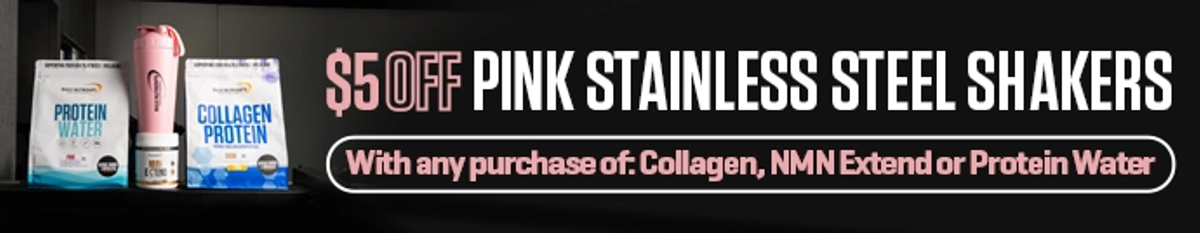$5 Off Pink Stainless Steel Shakers with any purchase of: Collagen Protein, NMN Extend or Protein Water.