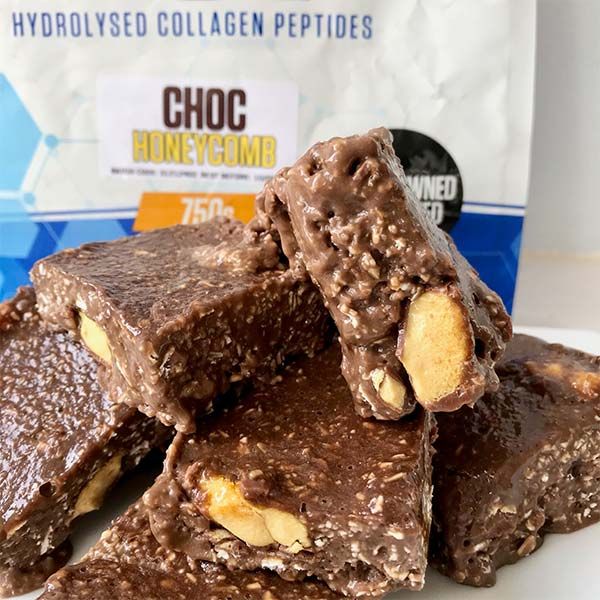 High protein Choc Honeycomb Collagen Cheesecake Squares recipe from Bulk Nutrients