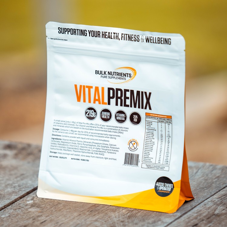 Bulk Nutrients' Vital Pre Mix is a combination of vitamins and minerals which are based on the Australian recommended daily intake (RDIs).