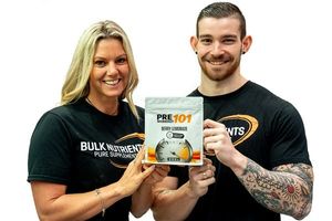 Bulk Ambassadors Lindsay Perry and Sam Brereton holding a 396g pouch of Bulk Nutrient's Pre Workout 101. Certified to crush workouts, Pre Workout 101 offers sustained energy, more focus and no crash. Available in 396g pouches and in a range of great flavours.
