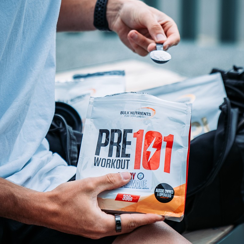 Bulk Nutrients Ambassadors Jacob Despard with Pre Workout 101. Available in 396g pouches and a range of great flavours.