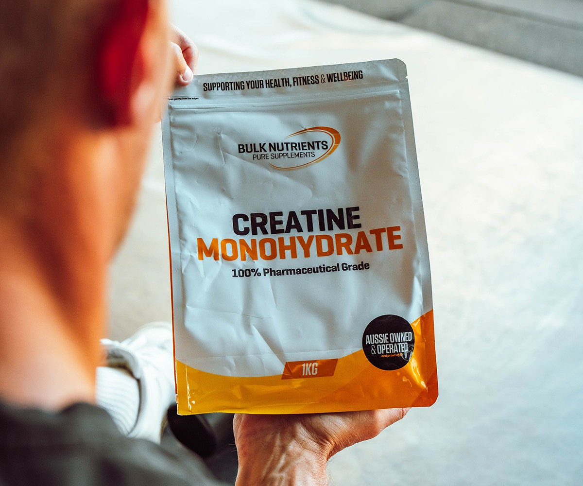 Bulk Ambassadors Helena Sly holding a 1kg pouch of Bulk Nutrient's Creatine Monohydrate.  With proven results, Creatine Monohydrate offers great value and can help users gain strength and increase muscle volume. Available in 250g and 1kg pouches. 