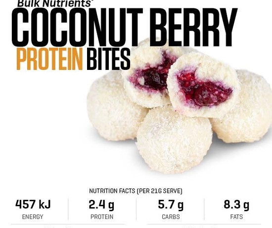 Protein Coconut Berry Bites recipe from Bulk Nutrients