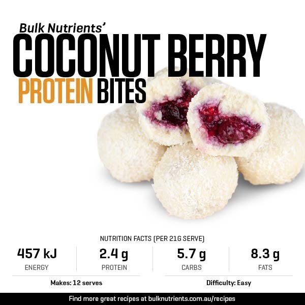 Protein Coconut Berry Bites recipe from Bulk Nutrients
