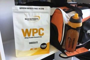 Bulk Nutrient's Whey Protein Concentrate, Gym Bag, and Drink Bottle.