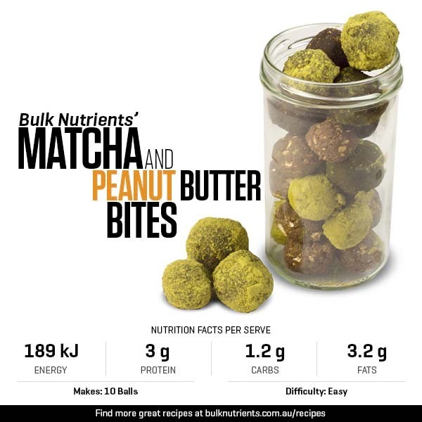 Matcha and Peanut Butter Bites recipe from Bulk Nutrients