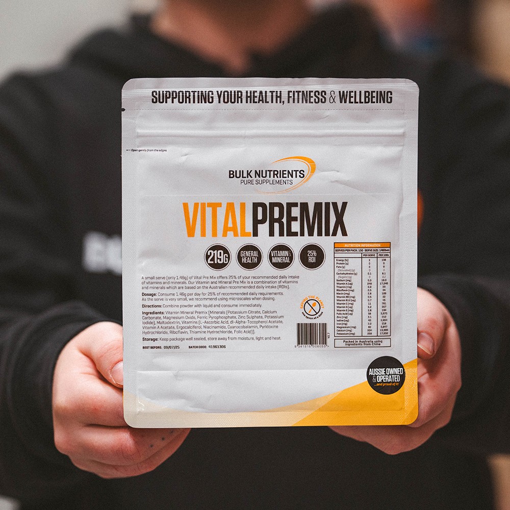 Bulk Nutrients' Vital Pre Mix is a combination of vitamins and minerals which are based on the Australian recommended daily intake (RDIs).