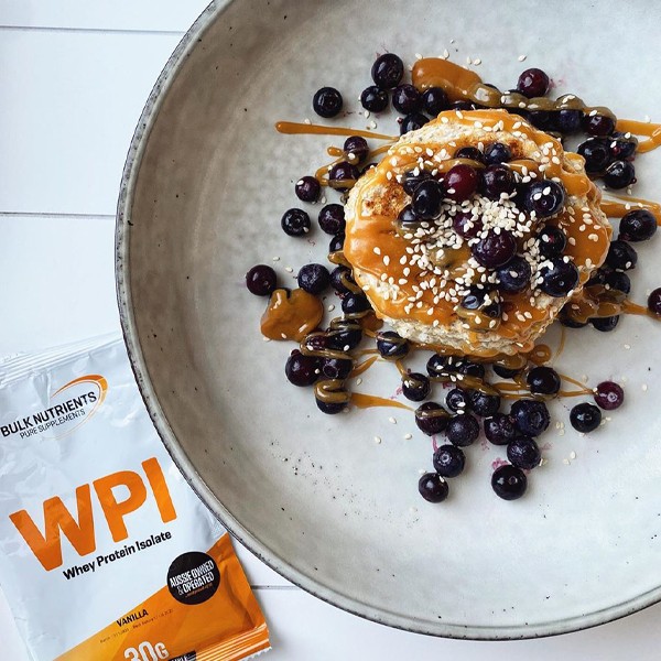 High protein Protein Pancakes with Nutty Caramel Sauce recipe from Bulk Nutrients