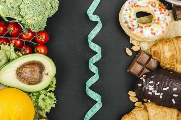 Healthy Vegetables vs Sugary Snacks - Separated by a measurement tape.