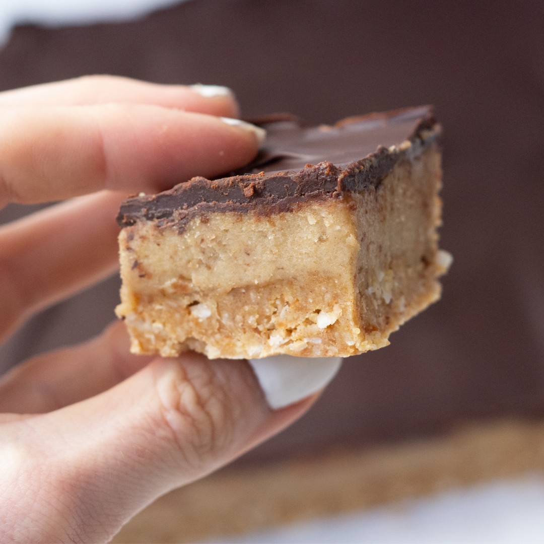 High protein Choc Caramel Anzac Slice recipe from Bulk Nutrients