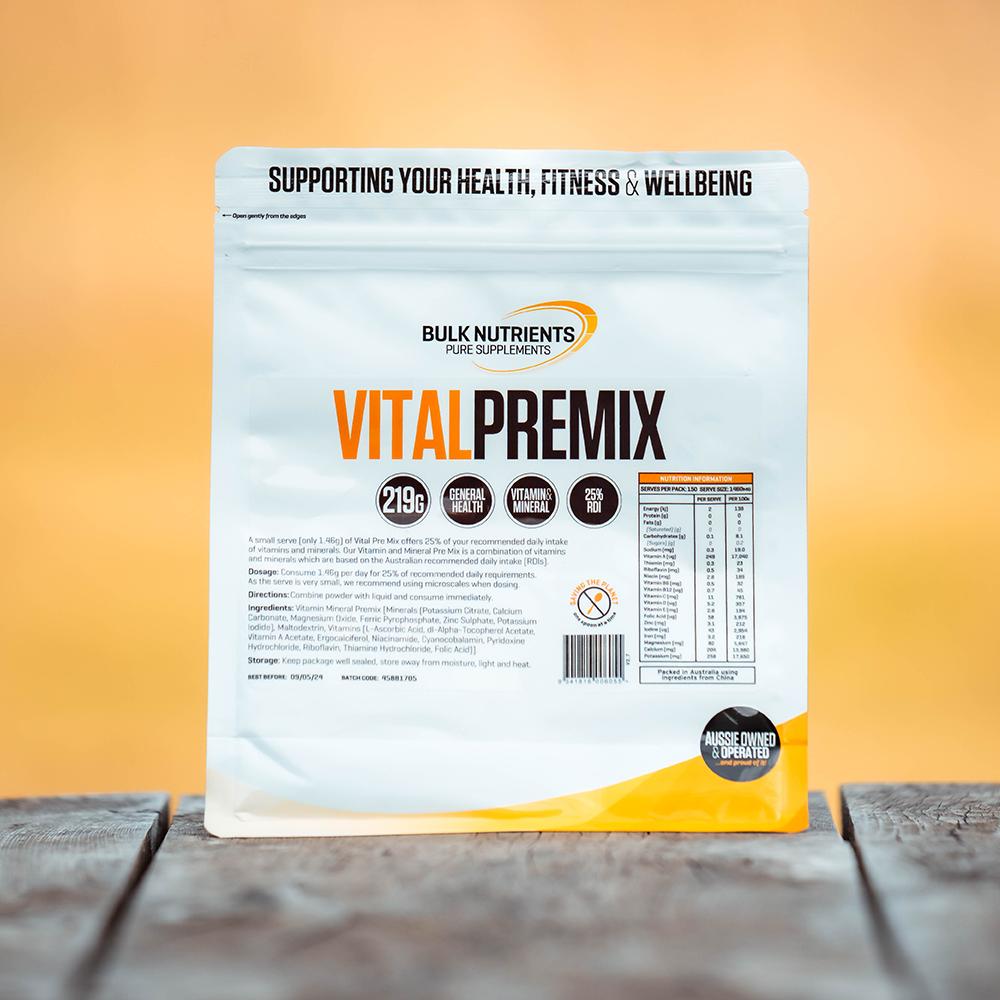 Bulk Nutrients' Vital Pre Mix a small serve only 1.46g offers up to 25% of your recommended daily intake of vitamins and minerals