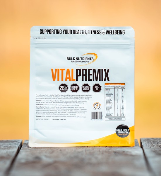 Bulk Nutrients' Vital Pre Mix a small serve only 1.46g offers up to 25% of your recommended daily intake of vitamins and minerals