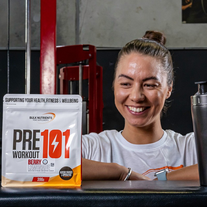 Bulk Nutrients Ambassador Bailey McDougall with Pre Workout 101 and shaker