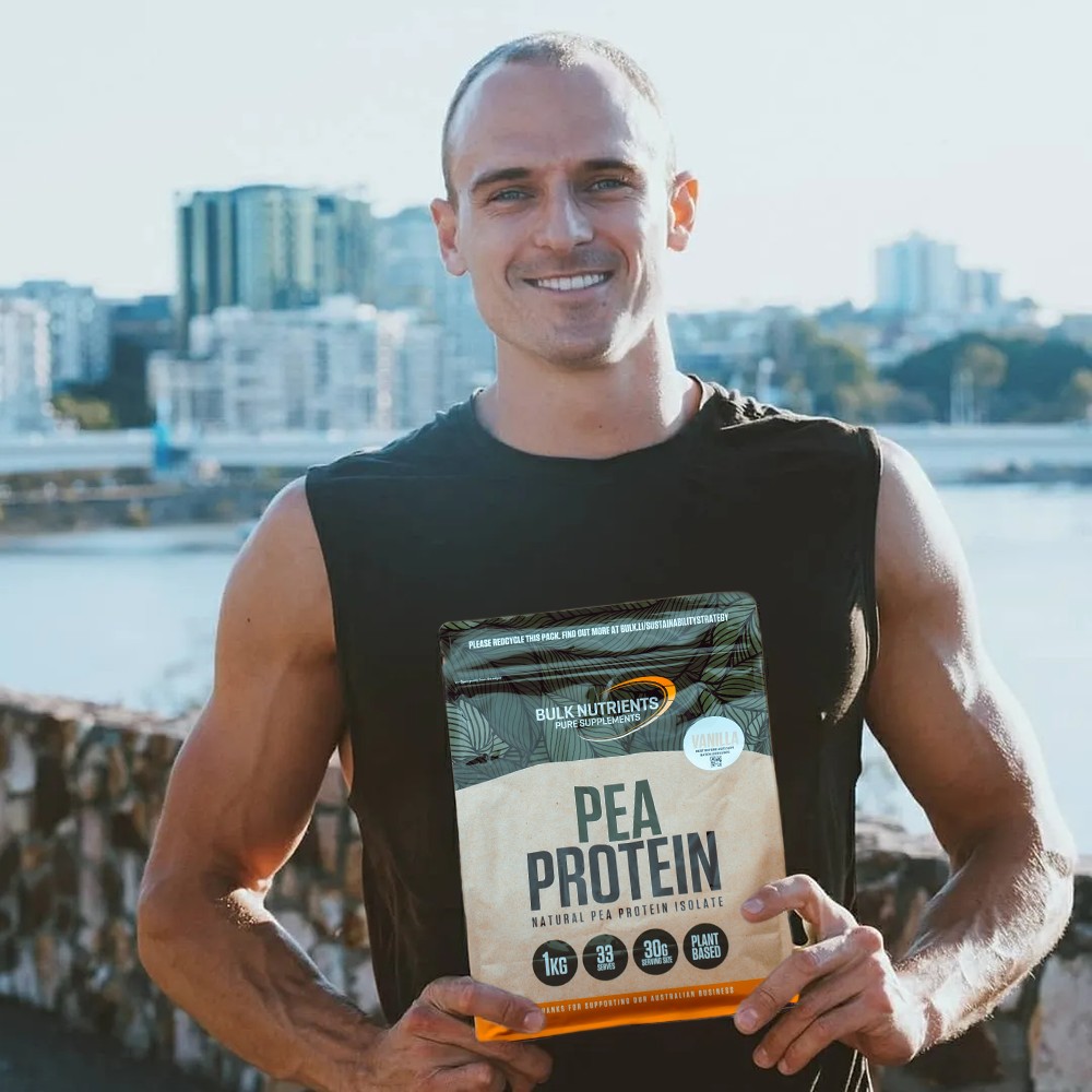Bulk Nutrients Ambassador Max Cuneo with a bag of pea protein