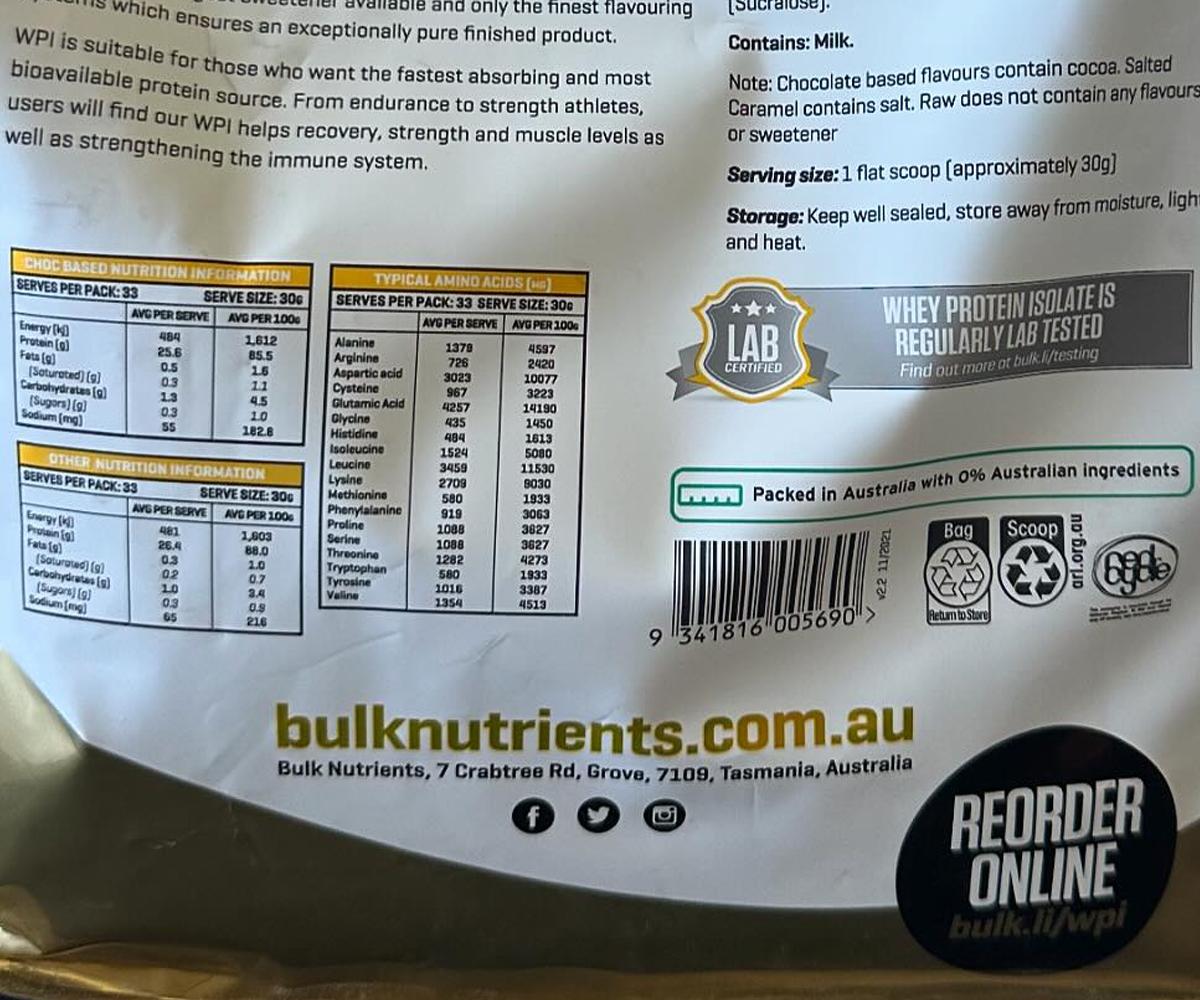Bulk Nutrients WPI Nutrition Information Panel