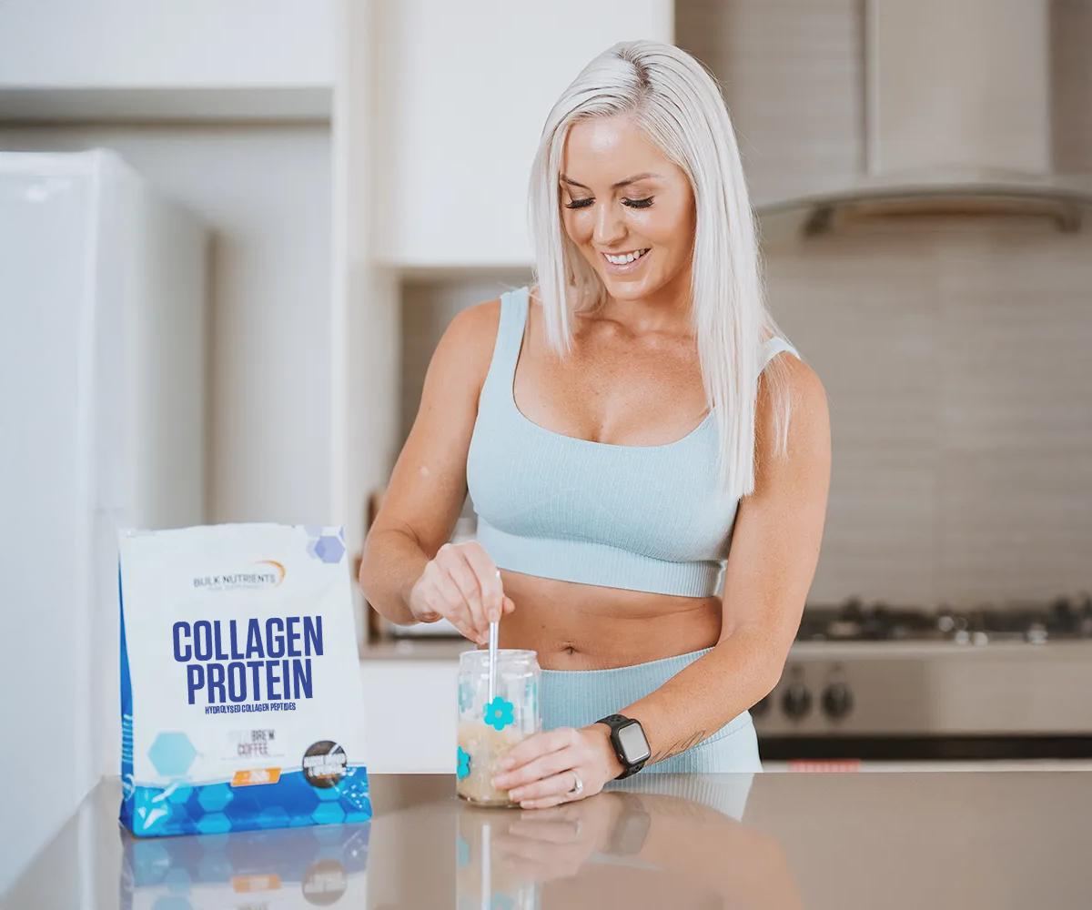 Women mixing her Bulk Nutrients Collagen Protein on the kitchen counter