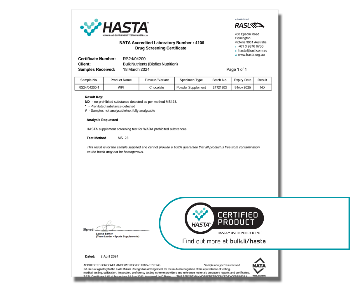 Bulk Nutrients HASTA WPI Chocolate Lab Tested by HASTA
