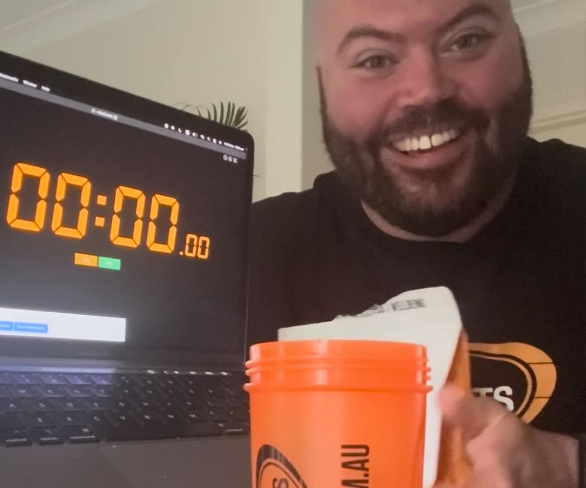 Bulk Nutrients Ambassadors Macauley Tinker getting ready for his Triple Scoop WPI Shake Scull World Record