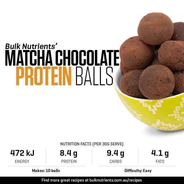 Matcha Chocolate Protein Balls recipe from Bulk Nutrients