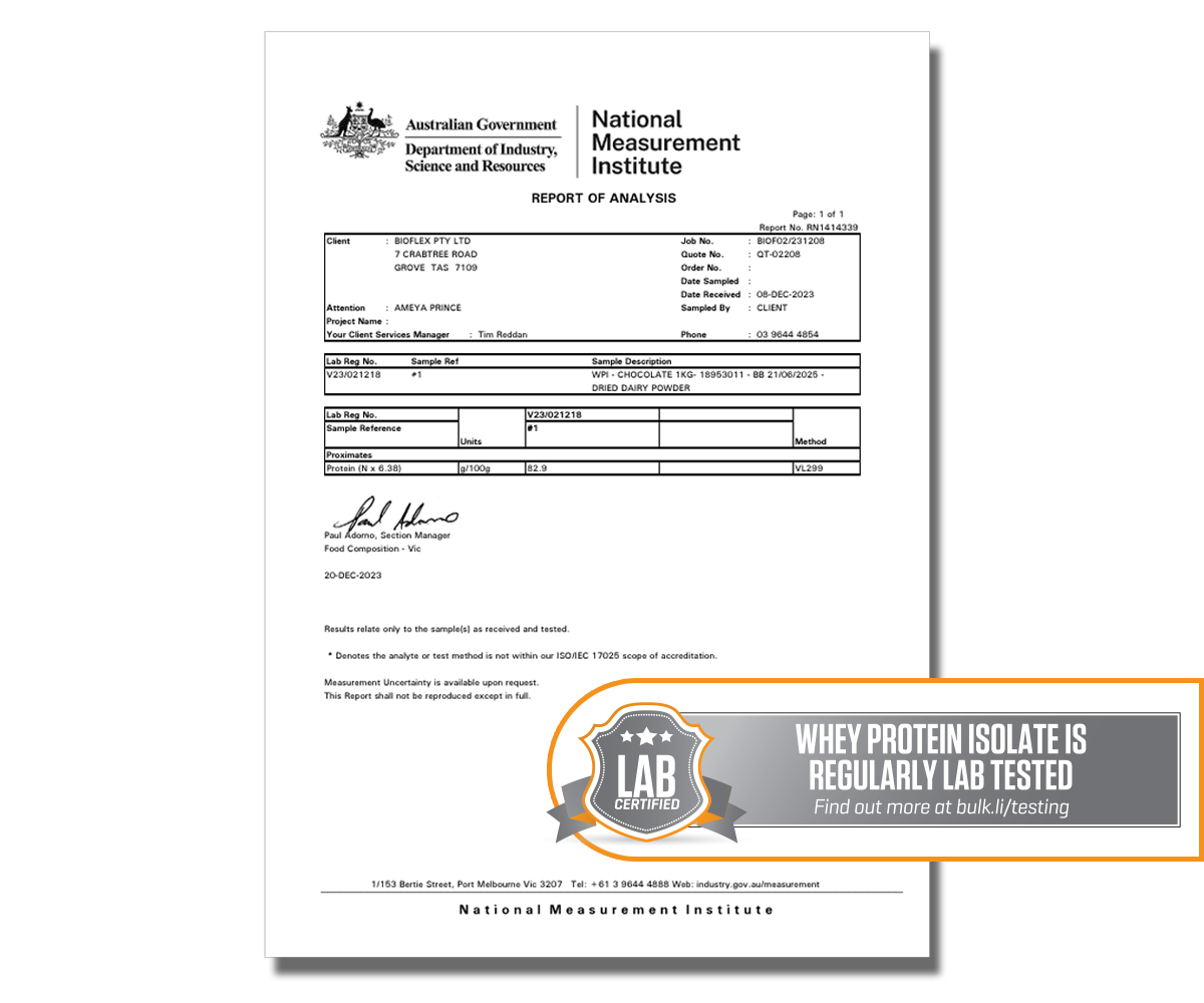 Bulk Nutrients WPI Chocolate Lab Test Report by NMI
