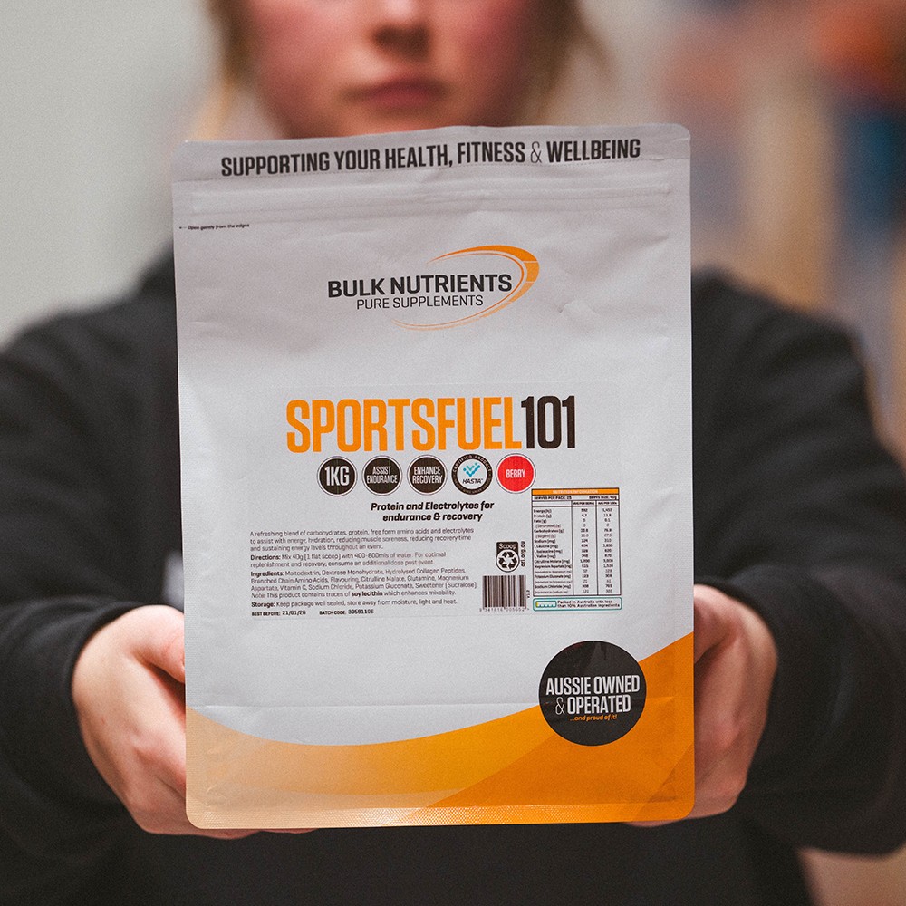 Get the ultimate workout boost with SportsFuel 101 is a unique blend of carbs, protein, amino acids, and electrolytes by Bulk Nutrients, designed to help you reduce muscle soreness, sustain energy levels, and stay hydrated.
