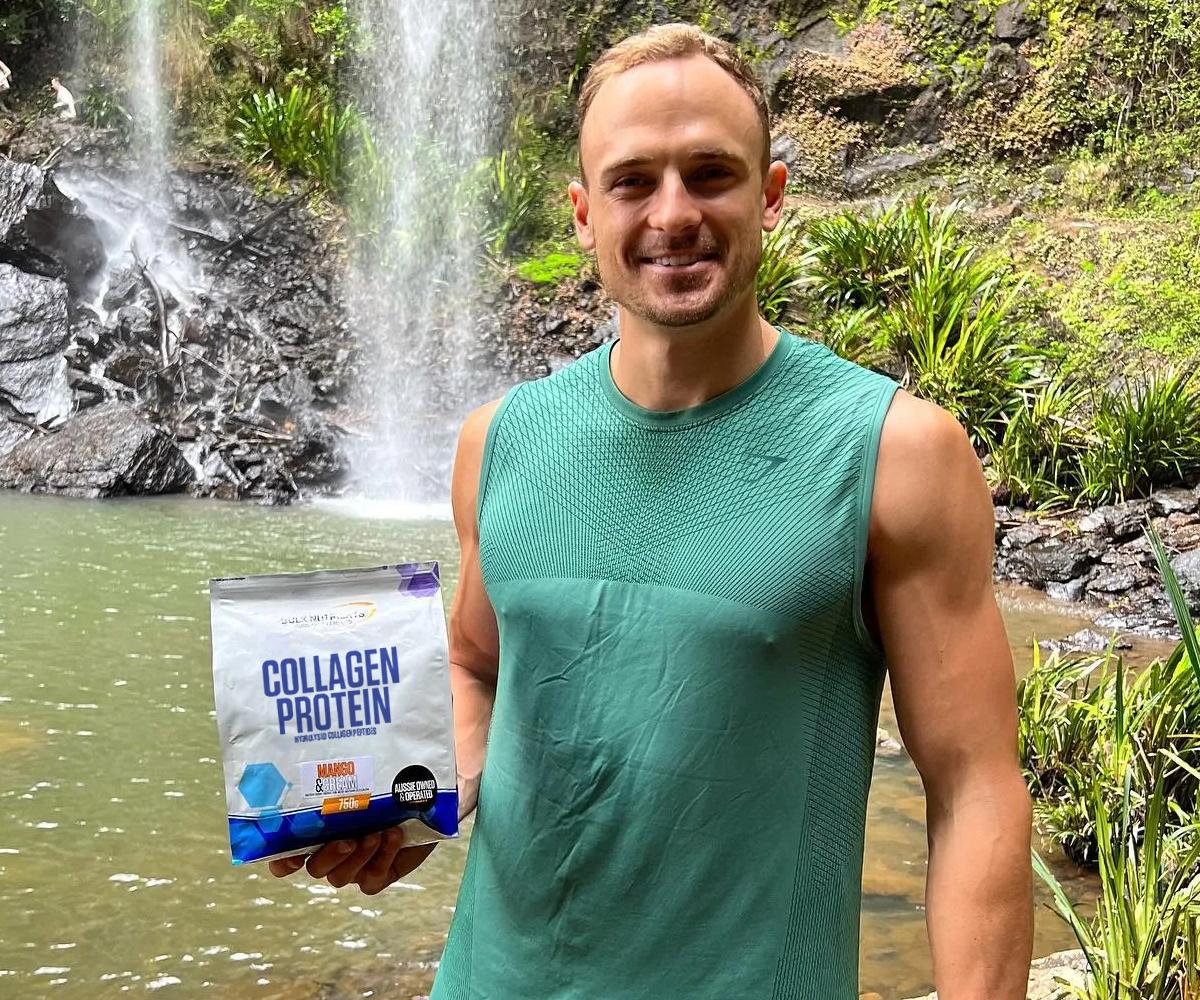 Bulk Nutrients Ambassador Max Cuneo with a bag of Collagen Protein