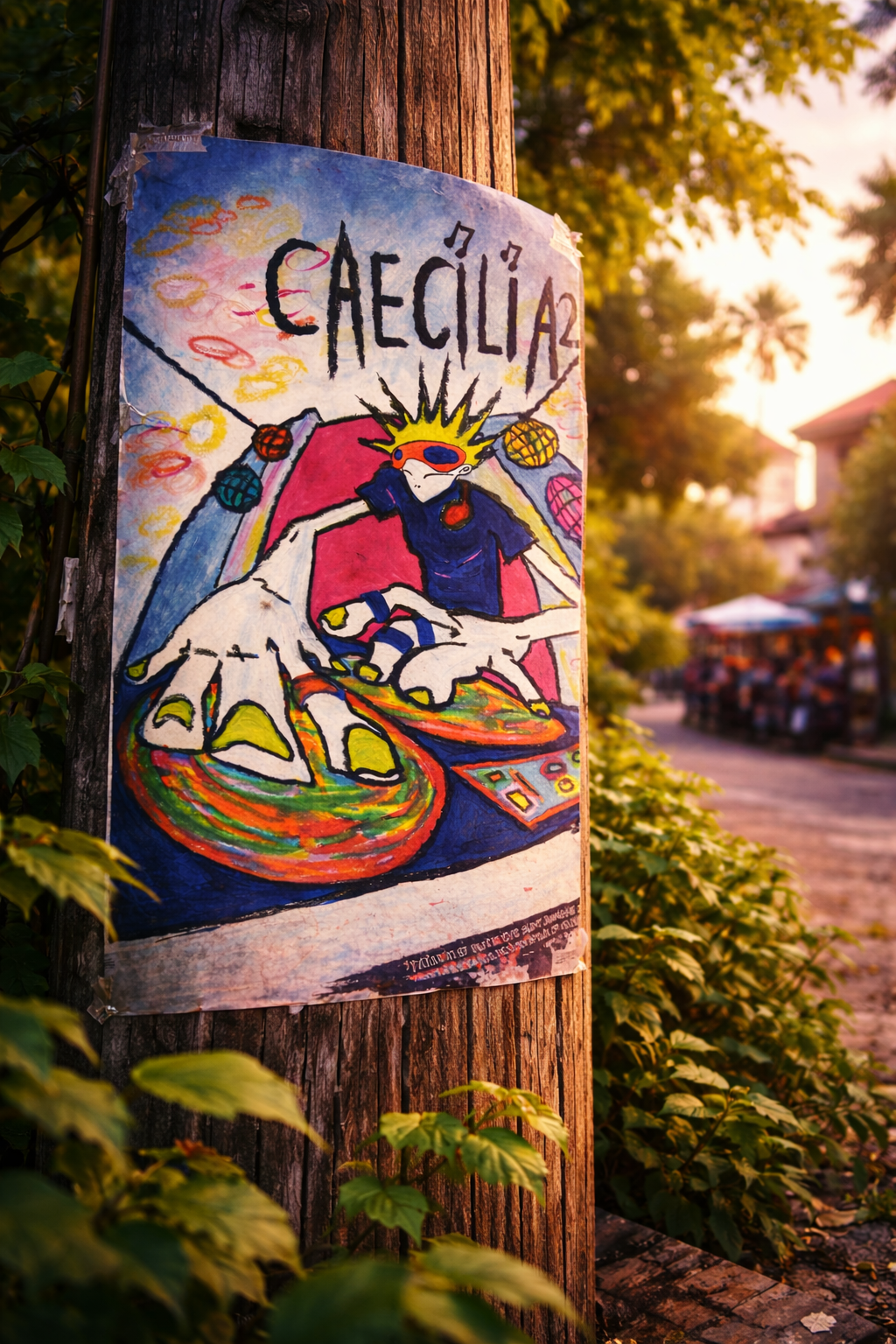 Poster geplakt aan de zijkant van de weg aan een elektriciteitspaal