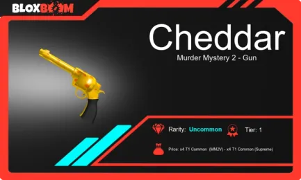Get Cheesy with the Cheddar Gun in Murder Mystery 2: Purchase it at Bloxboom!