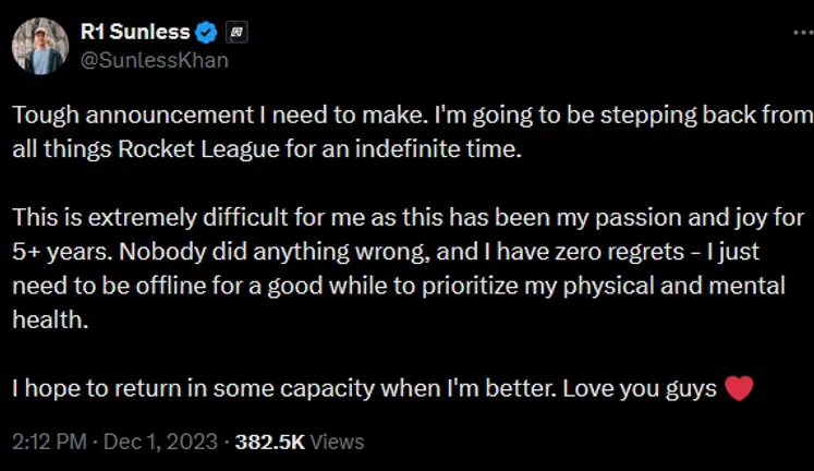 SunlessKhan Tweet stating he will step back from all things Rocket League for an indefinite time