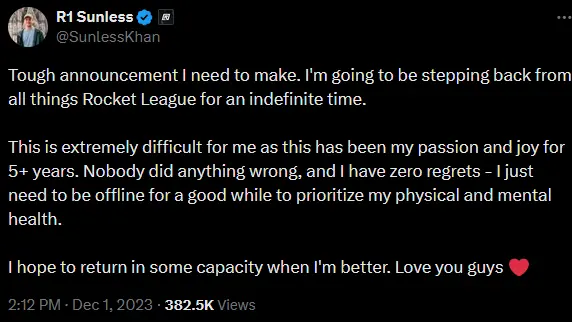 SunlessKhan Tweet stating he will step back from all things Rocket League for an indefinite time