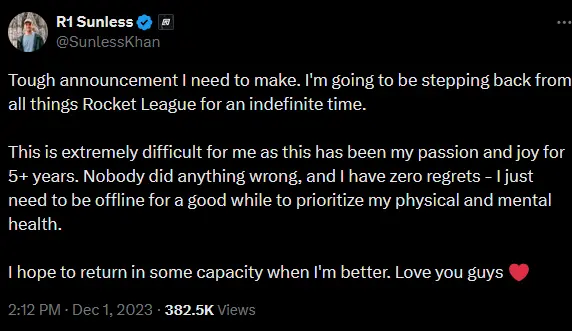 SunlessKhan Tweet stating he will step back from all things Rocket League for an indefinite time
