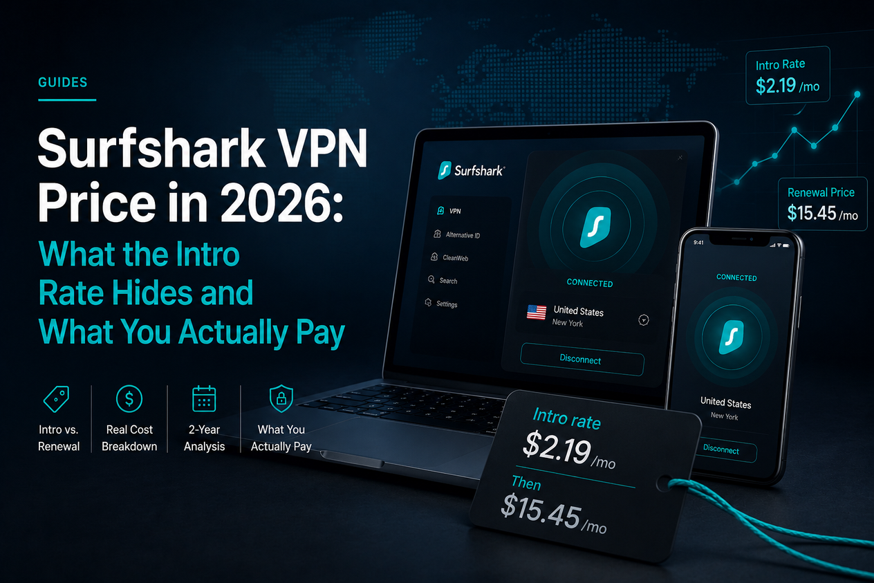 Editorial-style review hero image for an article analyzing Surfshark VPN pricing in 2026, featuring a dark, blue-lit layout with the headline “Surfshark VPN Price in 2026: What the Intro Rate Hides and What You Actually Pay” alongside review categories including Intro vs. Renewal, Real Cost Breakdown, 2-Year Analysis, and Value Review.