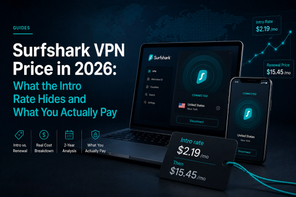 Editorial-style review hero image for an article analyzing Surfshark VPN pricing in 2026, featuring a dark, blue-lit layout with the headline “Surfshark VPN Price in 2026: What the Intro Rate Hides and What You Actually Pay” alongside review categories including Intro vs. Renewal, Real Cost Breakdown, 2-Year Analysis, and Value Review.