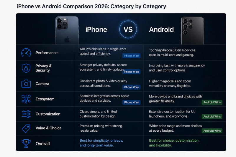 A side-by-side infographic comparing iPhone and Android in 2026 across seven categories: Performance, Privacy & Security, Camera, Ecosystem, Customization, Value & Choice, and Overall. The chart uses a dark, editorial-style layout with smartphone images at the top and a glowing “VS” divider in the center. It highlights iPhone advantages in performance, privacy, camera quality, and ecosystem integration, while Android is shown as the stronger choice for customization, flexibility, and overall value.