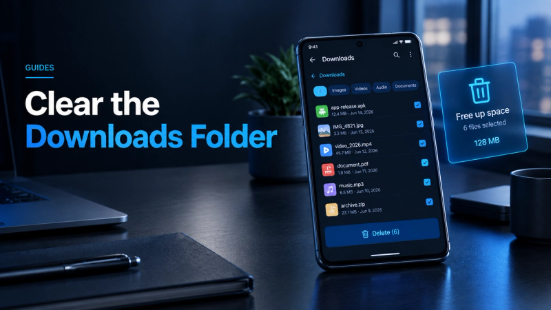 Premium editorial illustration showing an Android phone’s Downloads folder with selected files ready for deletion, alongside a “Free up space” panel highlighting 128 MB of storage recovery.