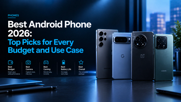 Premium editorial hero image for “Best Android Phone 2026,” featuring a modern Android smartphone lineup against a dark blue-lit technology backdrop, with space for the article headline and visual elements representing different budgets and use cases.