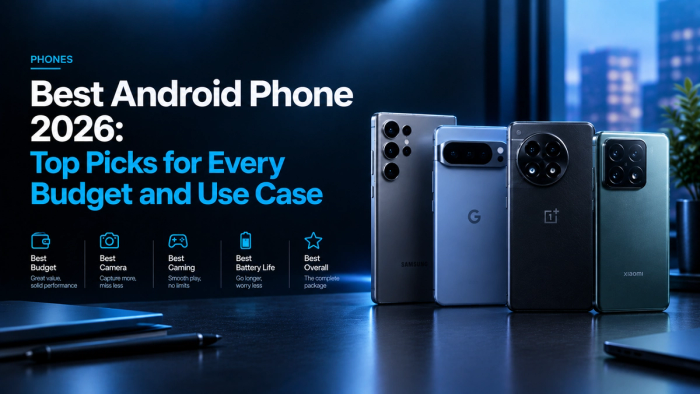 Premium editorial hero image for “Best Android Phone 2026,” featuring a modern Android smartphone lineup against a dark blue-lit technology backdrop, with space for the article headline and visual elements representing different budgets and use cases.