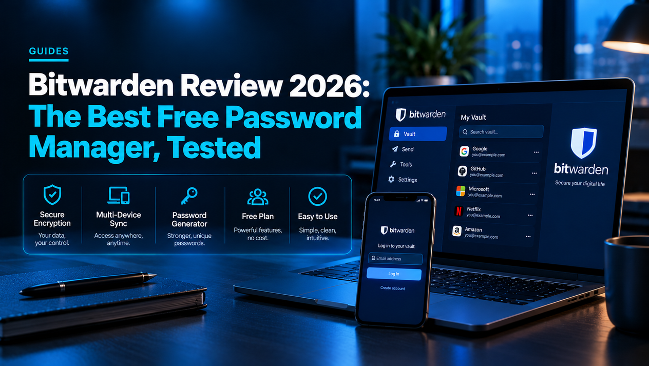 Bitwarden Review 2026 hero image showing the Bitwarden password manager dashboard on a laptop and smartphone, highlighting secure encryption, multi-device sync, password generation, its free plan, and ease of use against a premium dark background with blue cinematic lighting.