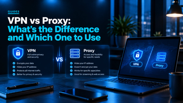 VPN vs Proxy comparison hero image featuring glowing blue security and server icons, highlighting VPN encryption and full-device privacy versus a proxy’s IP masking and targeted access. A laptop displays both technologies side by side in a dark, blue-lit workspace, with the headline “VPN vs Proxy: What’s the Difference and Which One to Use.