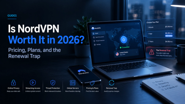 Dark blue editorial hero image for a NordVPN review guide, showing a laptop with the VPN interface, pricing plans, and a highlighted warning about the renewal trap in 2026.