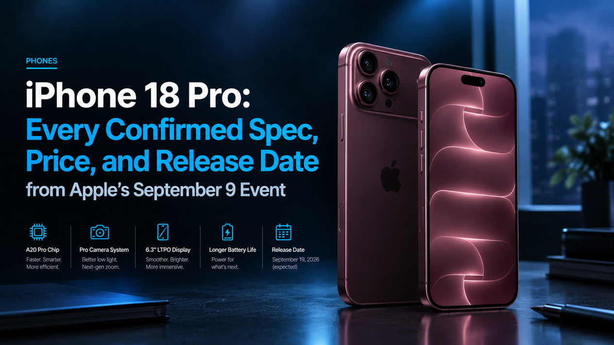 Premium editorial hero image showing the burgundy iPhone 18 Pro with highlighted confirmed specs, price, and release date from Apple’s September 9 event.