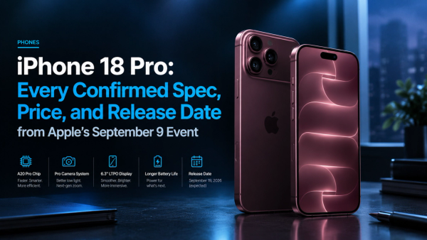 Premium editorial hero image showing the burgundy iPhone 18 Pro with highlighted confirmed specs, price, and release date from Apple’s September 9 event.