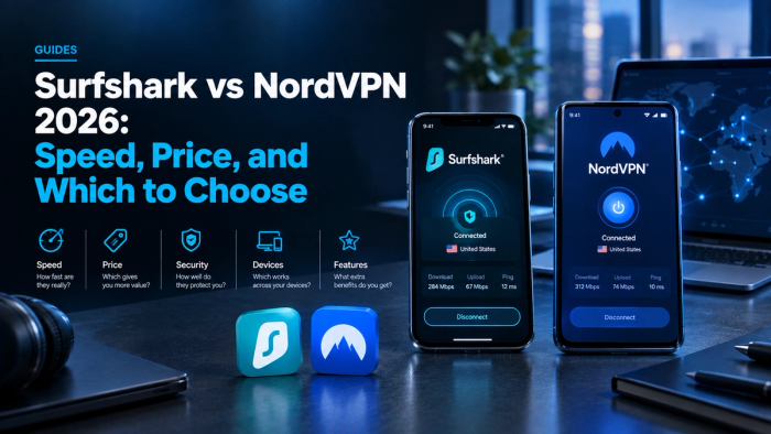 Surfshark vs NordVPN 2026 comparison hero image showing both VPN services on smartphones, with speed, pricing, security, device compatibility, and feature comparison elements in a dark blue technology setting.
