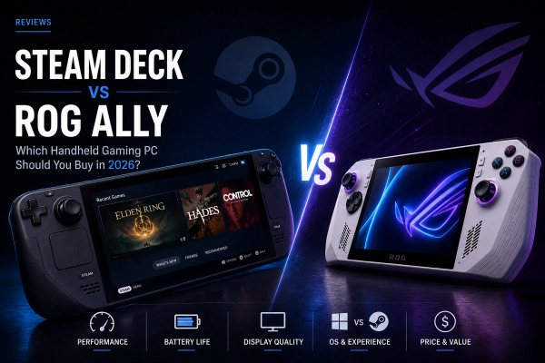 Premium editorial-style hero image comparing the Steam Deck and ROG Ally in 2026. The two handheld gaming PCs face each other on a dark charcoal background with blue and purple ambient lighting and a glowing “VS” divider between them. The left side features the review headline, “Steam Deck vs ROG Ally: Which Handheld Gaming PC Should You Buy in 2026?” while subtle comparison icons at the bottom highlight performance, battery life, display quality, operating system, and overall value, reinforcing the technology review theme.